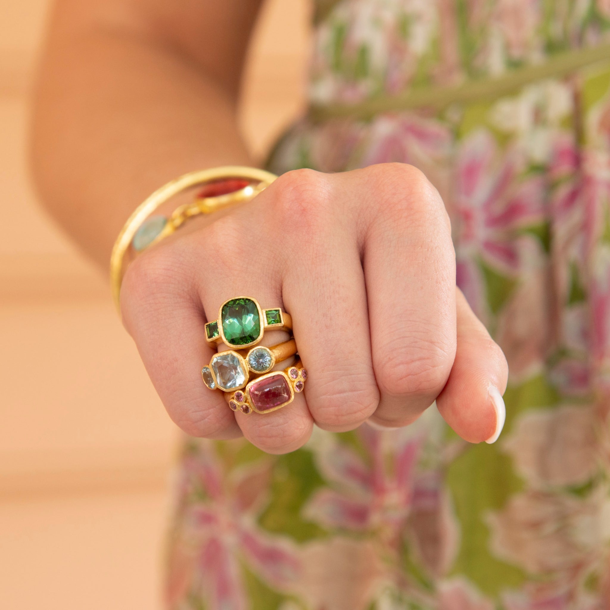 Elizabeth Locke Faceted Green Tourmaline Three-Stone Ring, Elizabeth Locke Faceted Aquamarine Three-Stone Ring, Elizabeth Locke Pink Tourmaline Cabochon & Faceted Triad Ring