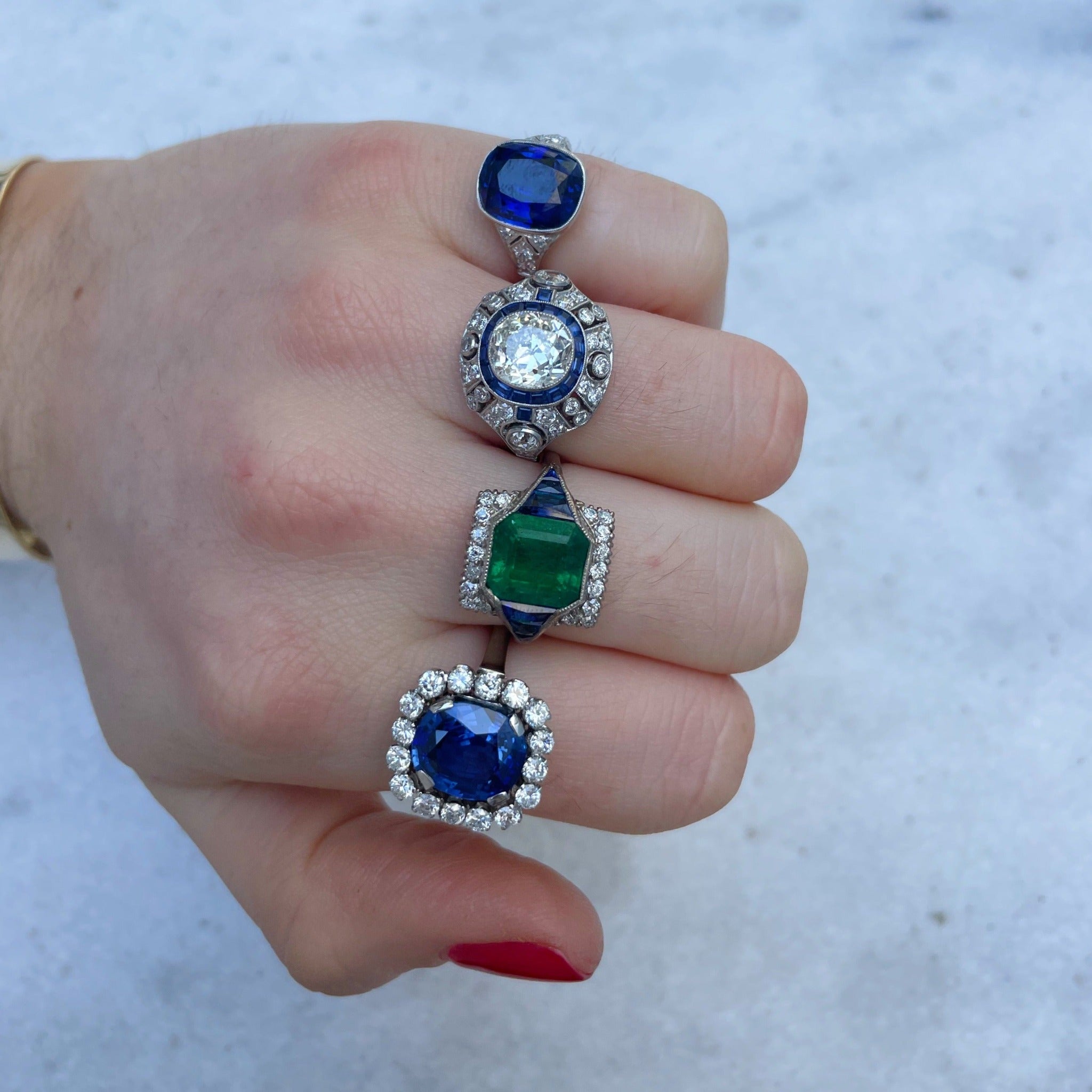 Art Deco Emerald, Sapphire & Diamond 18K Gold Ring