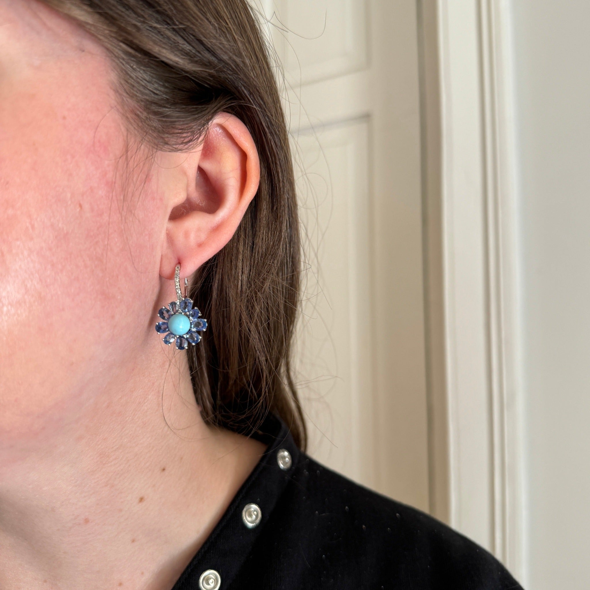 Turquoise, Sapphire & Diamond 18K Gold Leverback Earrings