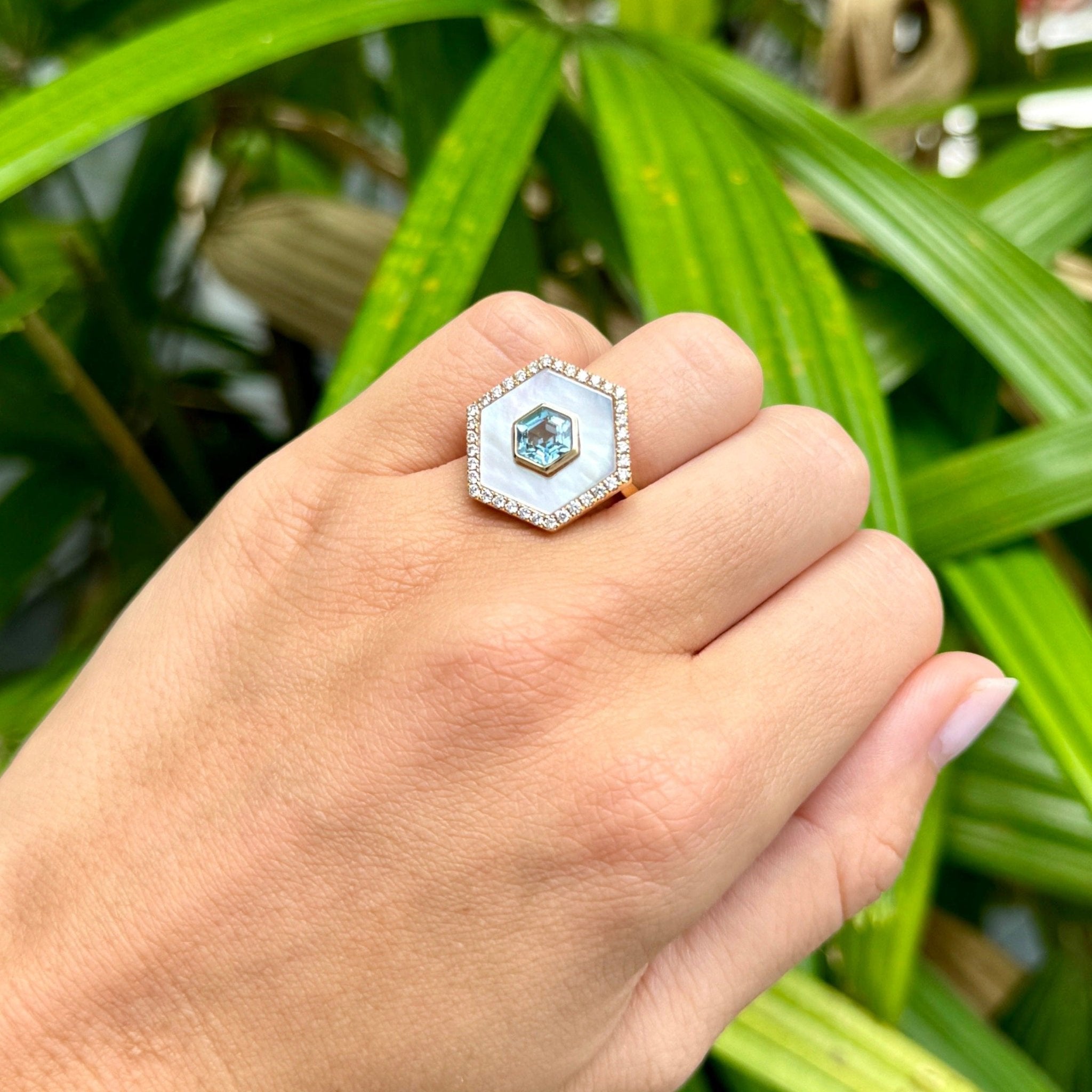 Blue Topaz, Mother of Pearl & Diamond Hexagon 18K Gold Ring