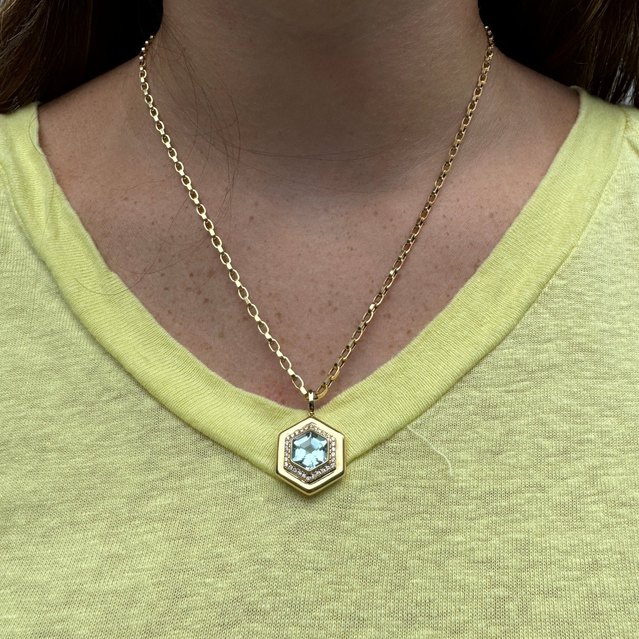 Blue Topaz & Diamond Hexagon 18K Yellow Gold Pendant Necklace