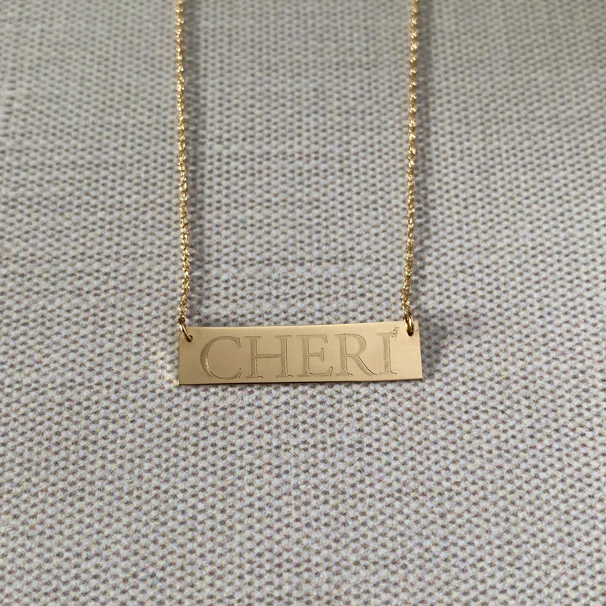 14K Yellow Gold Bar Pendant Necklace with machine engraved name