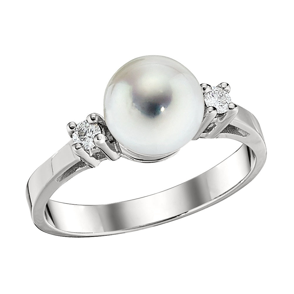 8mm Cultured Pearl & Diamond 14K White Gold Ring