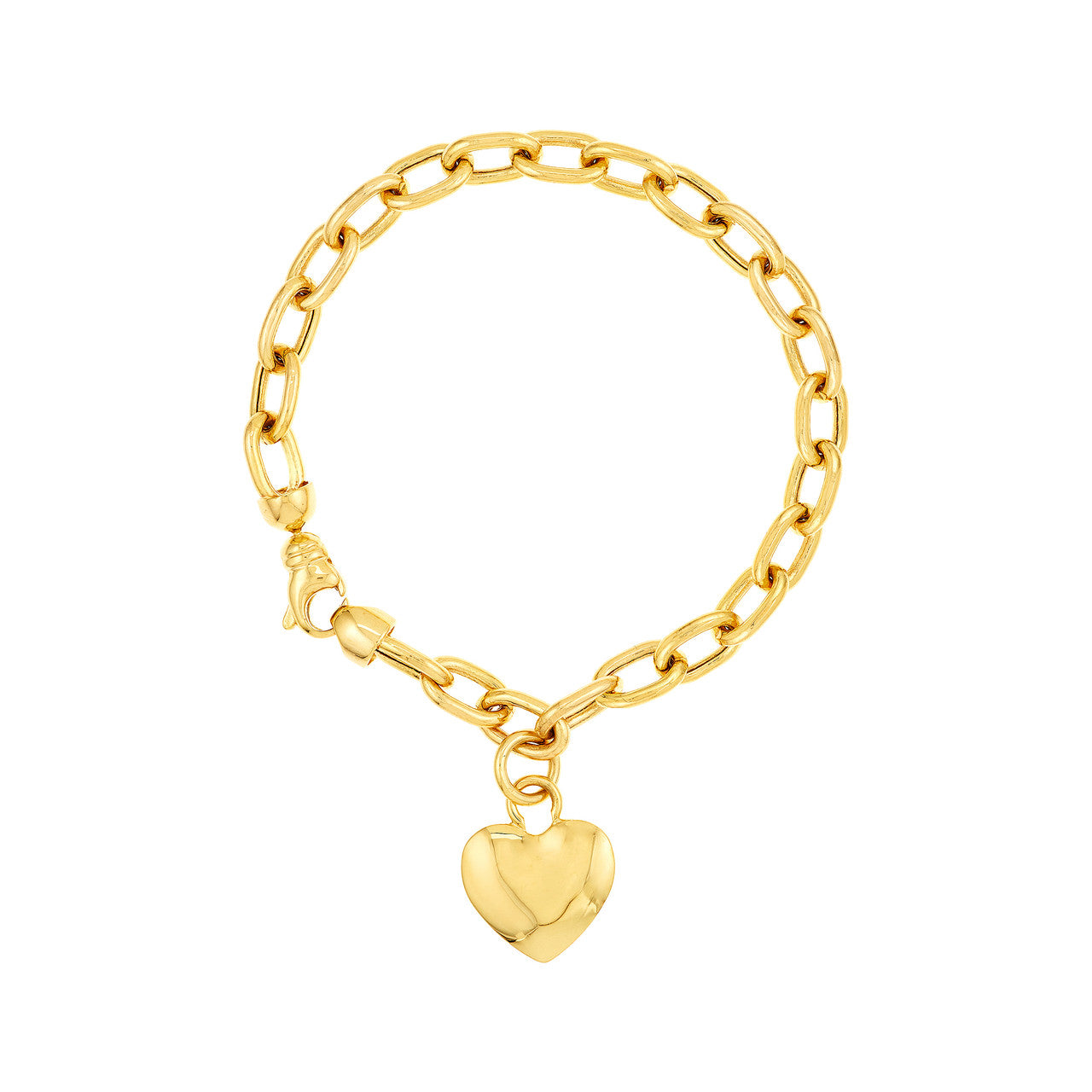 14K Yellow Gold Heart Charm Oval Rolo Link Bracelet