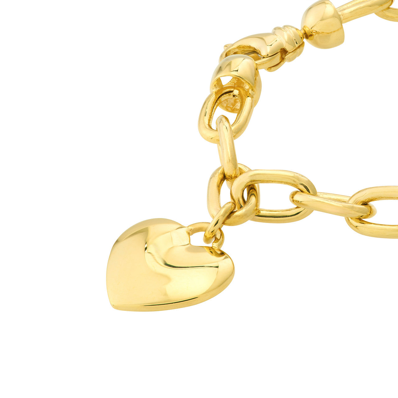 14K Yellow Gold Heart Charm Oval Rolo Link Bracelet