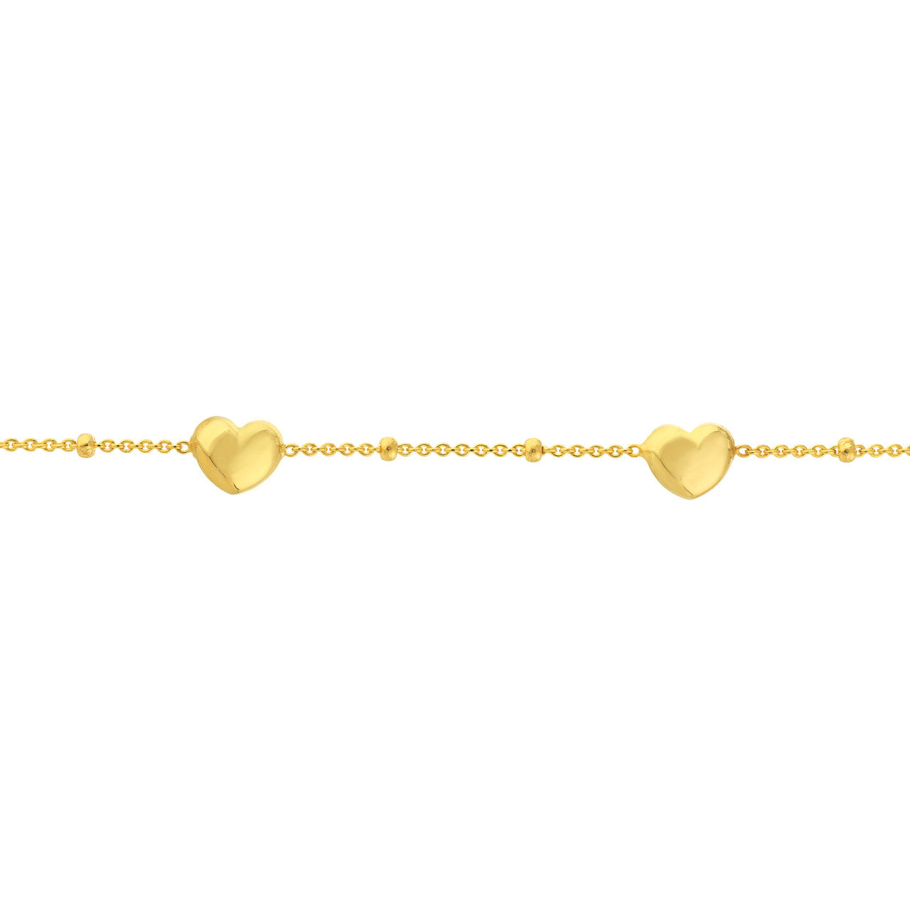 14K Yellow Gold Mini Puffed Heart Station Saturn Chain Bracelet