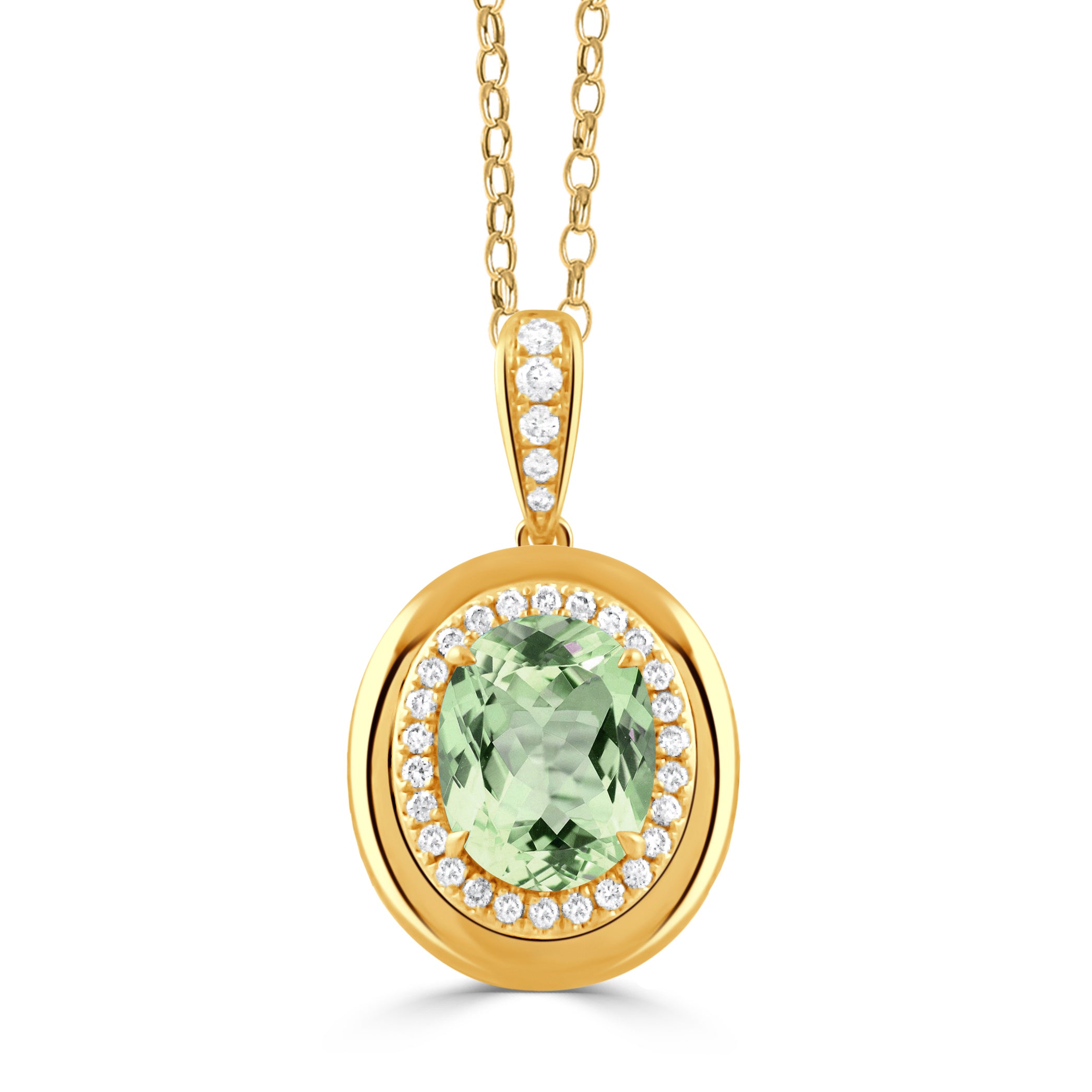 Oval Green Amethyst & Diamond 18K Yellow Gold Pendant Necklace