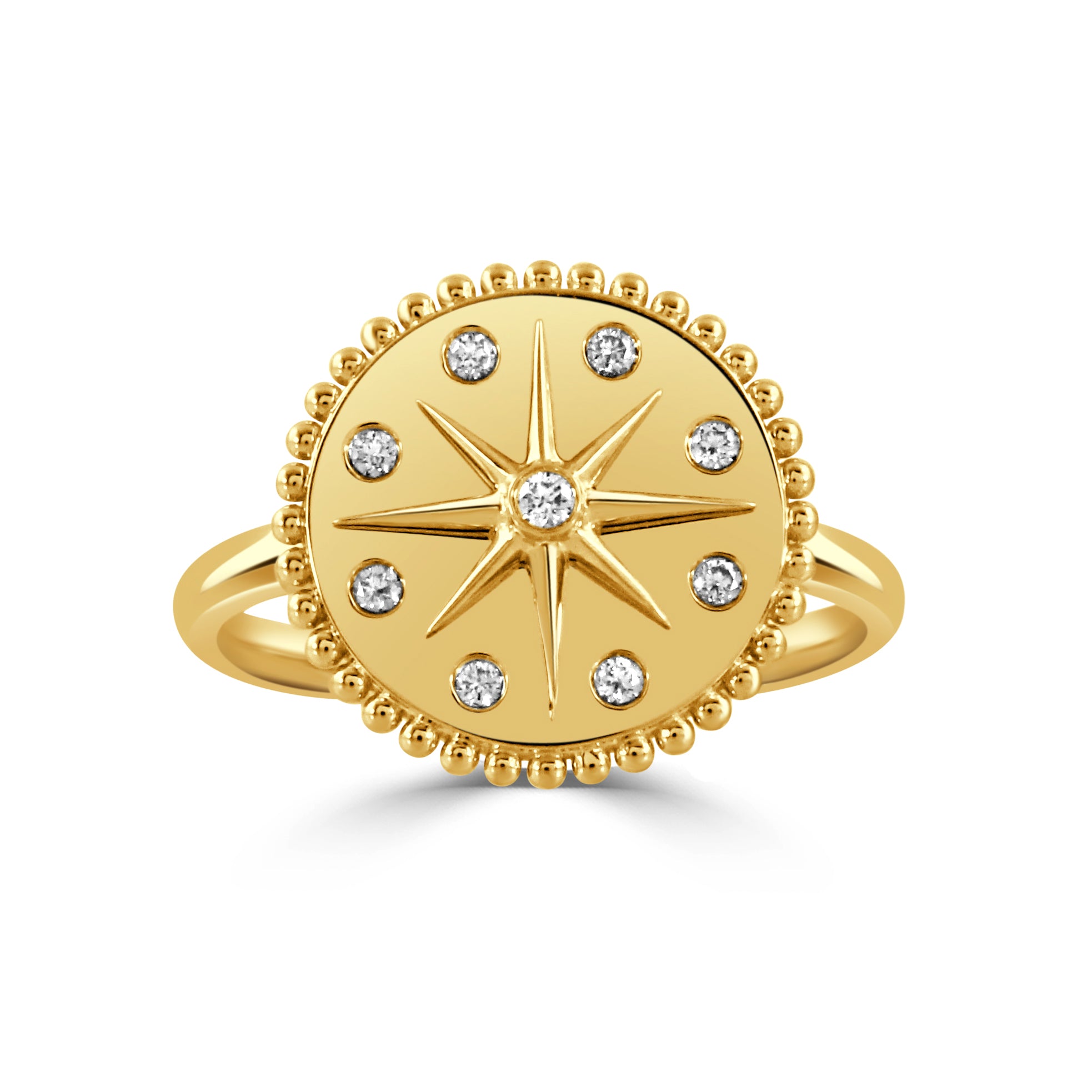 Diamond 18K Yellow Gold Starburst Beaded Disc Ring