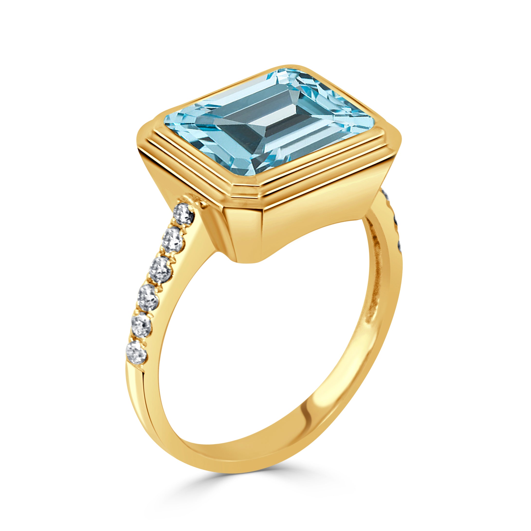 Emerald-Cut Blue Topaz & Diamond 18K Yellow Gold Ring