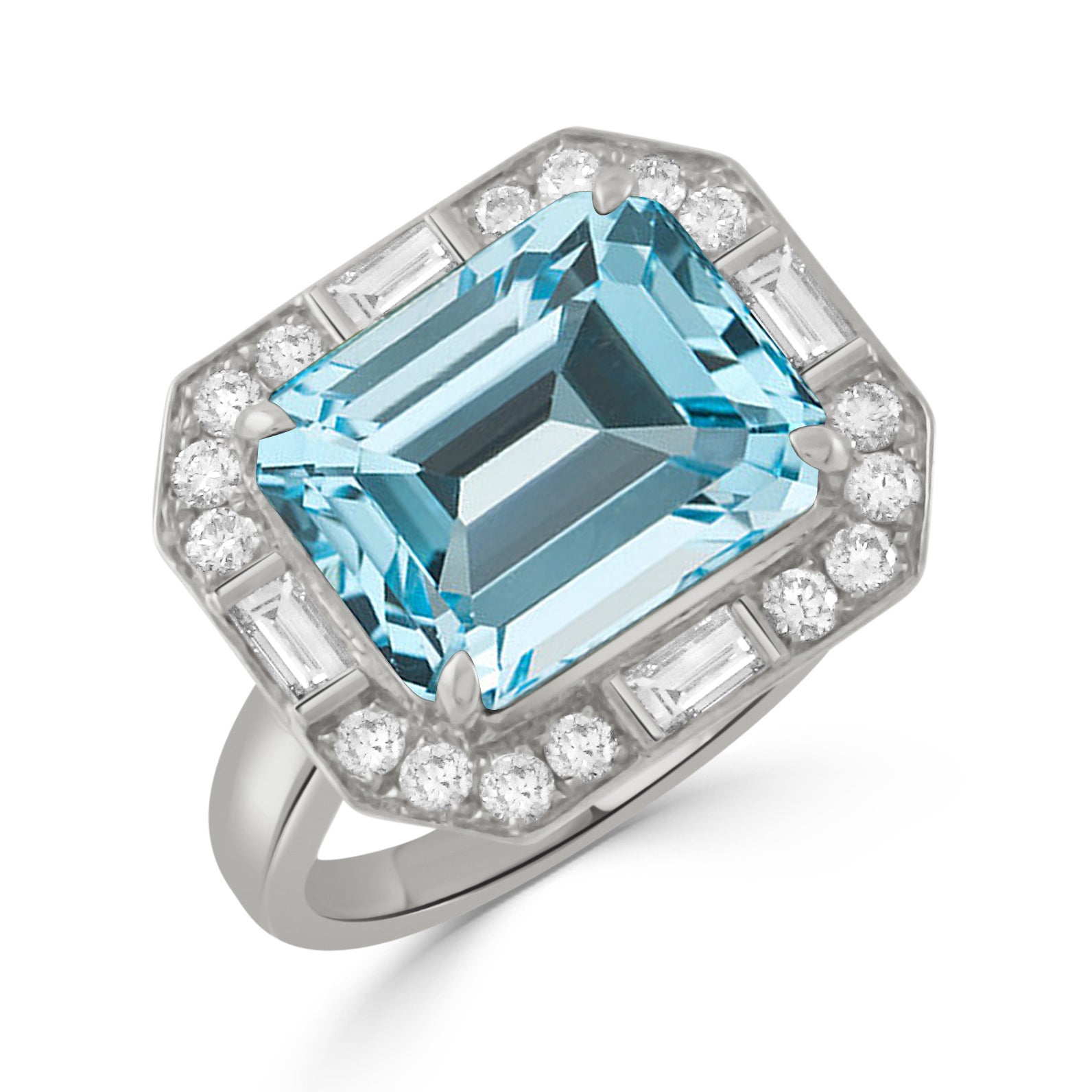 Emerald Cut Blue Topaz & Diamond 18K White Gold Ring