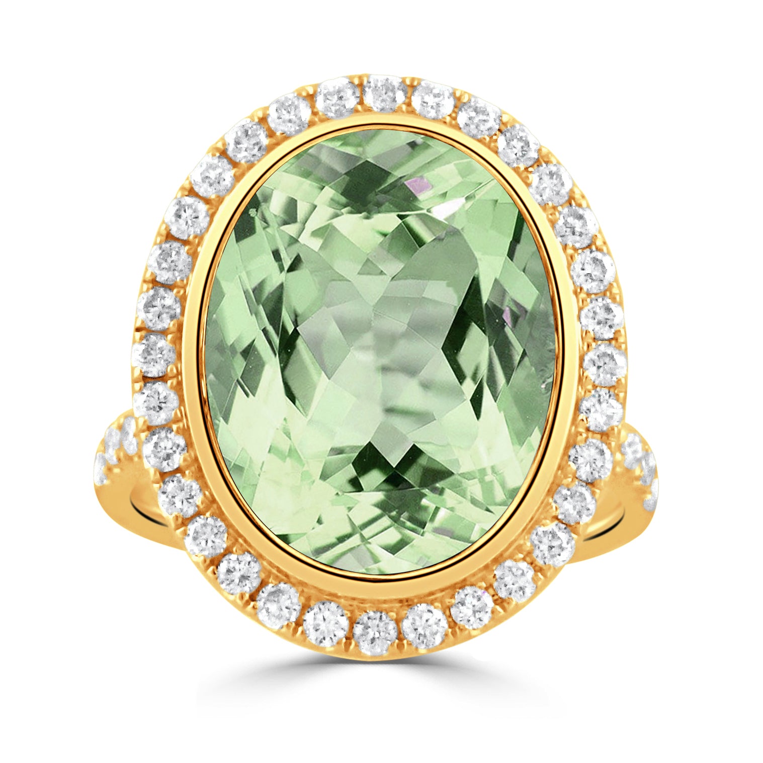 Oval Green Amethyst & Pavé Diamond Halo 18K Yellow Gold Ring