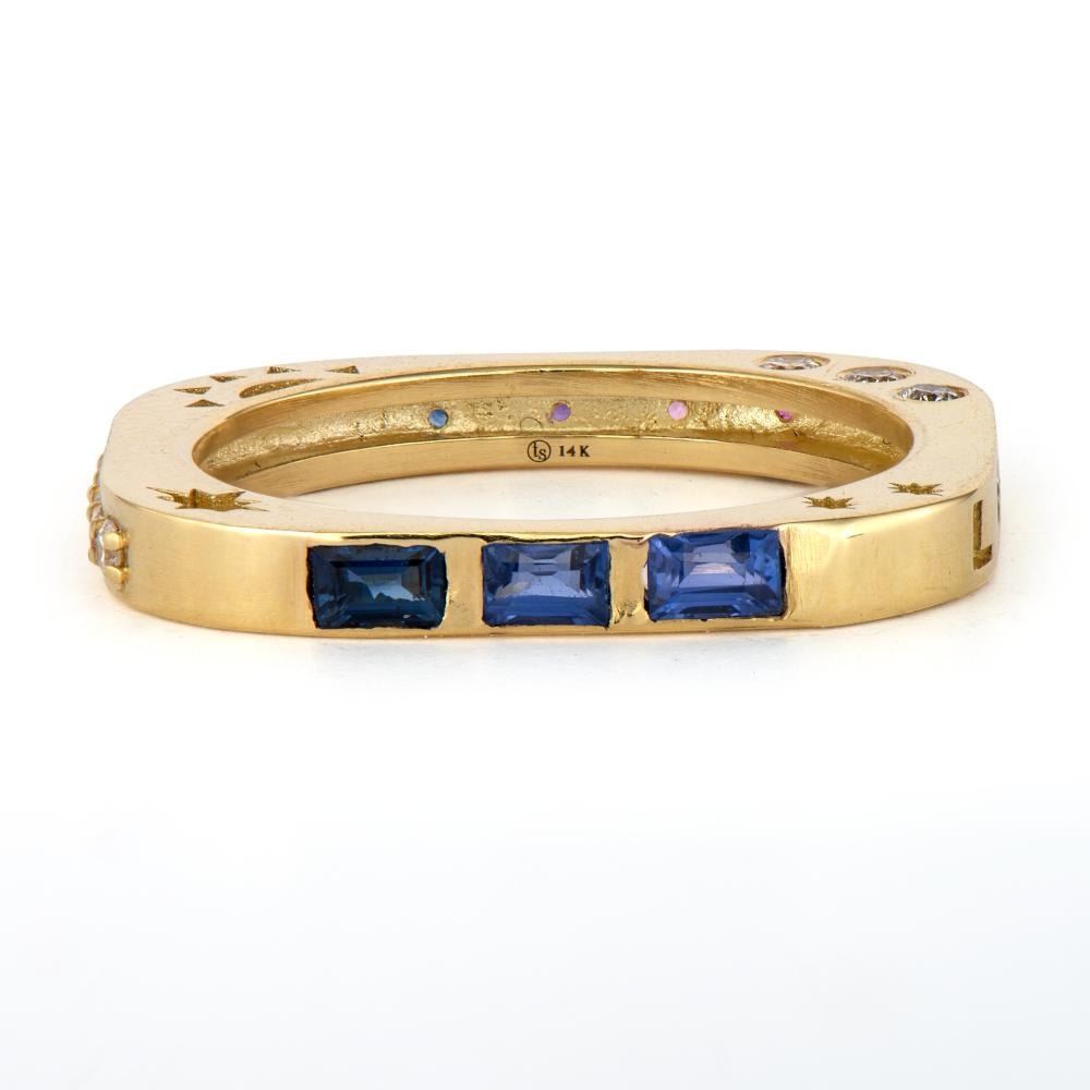 Multi-Stone Square Engraved Love 14K Gold Band