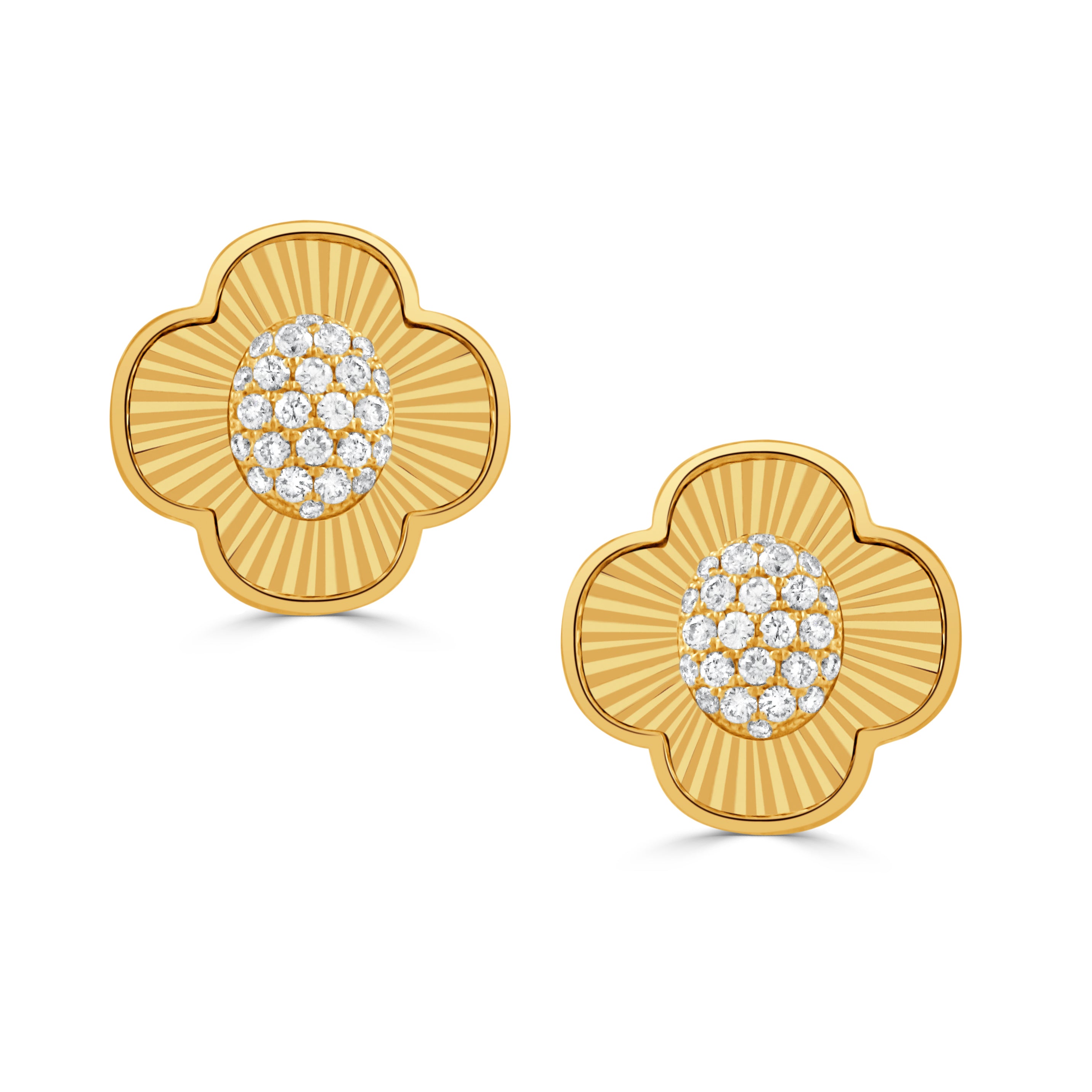 Diamond 18K Yellow Gold Fluted Clover Stud Earrings