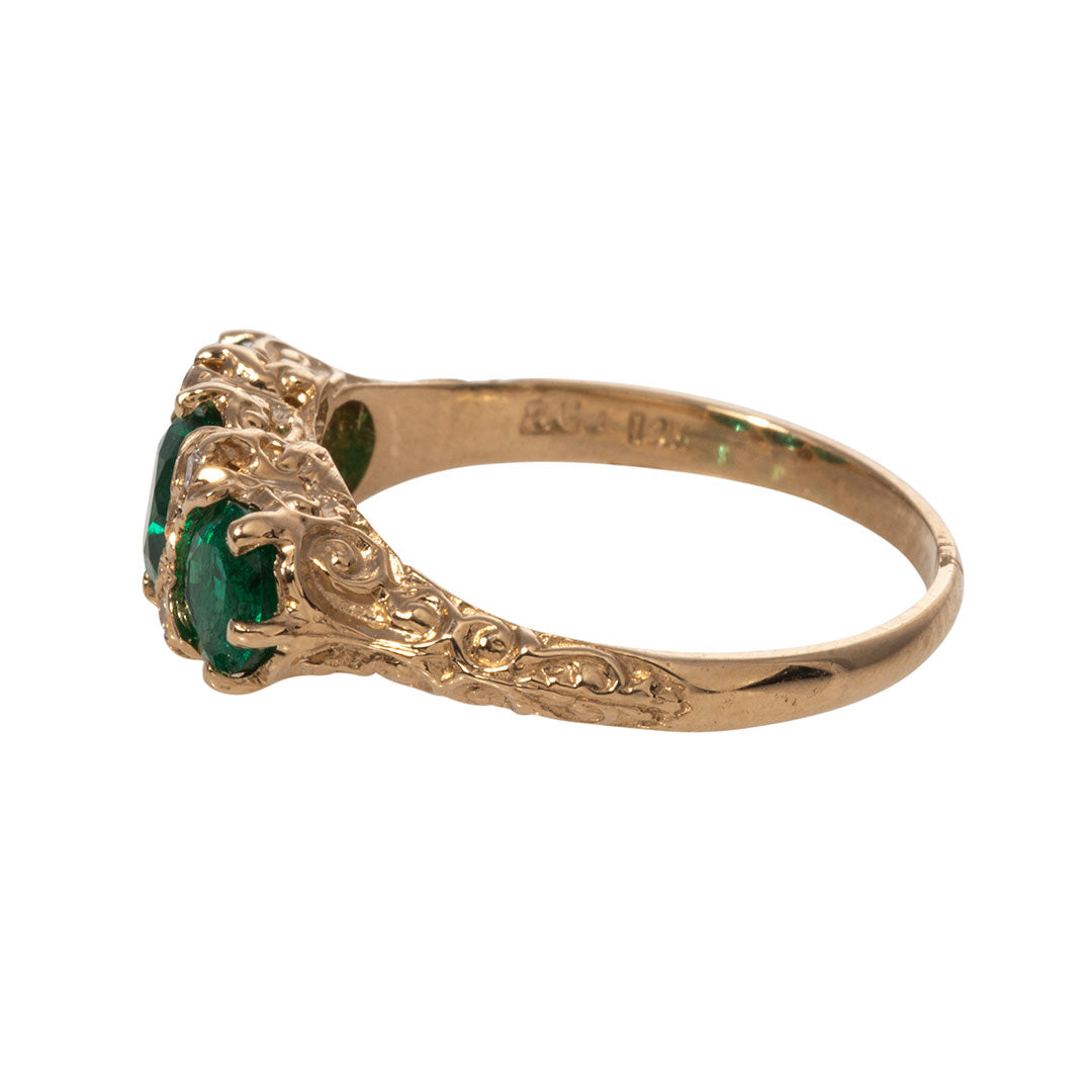 Three Stone Round Emerald & Diamond 14K Yellow Gold Ring