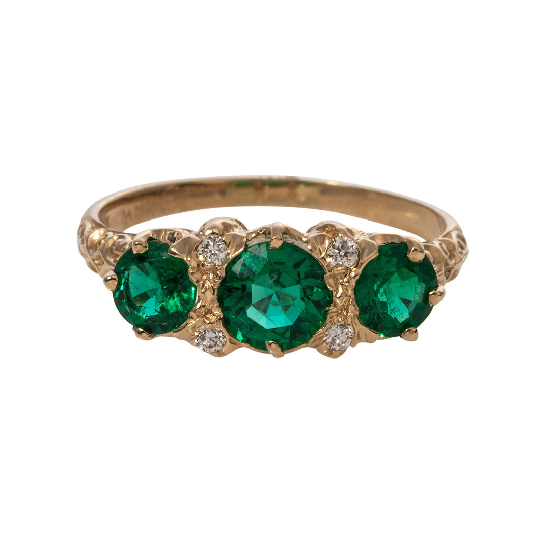 Three Stone Round Emerald & Diamond 14K Yellow Gold Ring