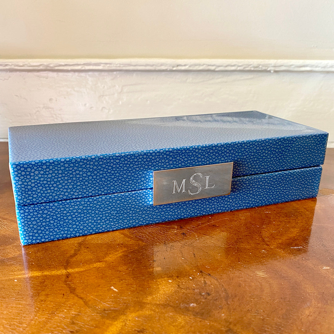 Blue Shagreen & Silver Plated Trim Jewelry Box with machine engraved monogram