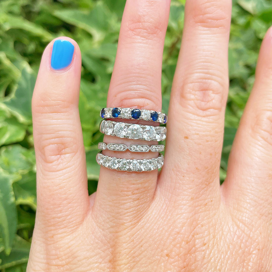 Half Eternity Band, Milgrain Wedding Ring, Round 2024 Diamond Engagement Ring, Sapphire Ring, Stackable Wedding Band, 14K White Gold Over Ring