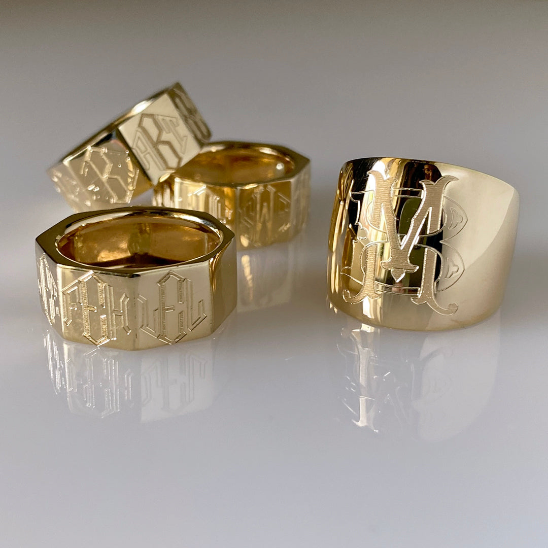 14K Gold Engraved Cypher Ring